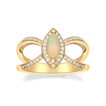 Gin & Grace 10K Yellow Gold Real Diamond Ring (I1) with Natural Opal
