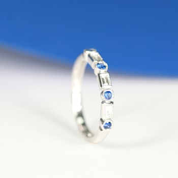 Gin & Grace 18K White Gold Real Diamond Ring (I1) with Natural Blue Sapphire