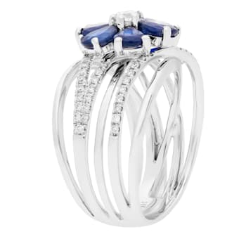 Gin & Grace 18K White Gold Real Diamond Ring (I1) with Natural Blue Sapphire