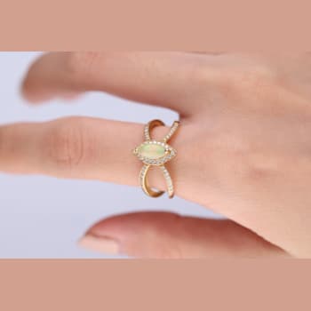 Gin & Grace 10K Yellow Gold Real Diamond Ring (I1) with Natural Opal