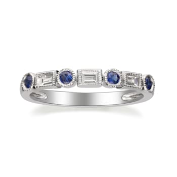 Gin & Grace 18K White Gold Real Diamond Ring (I1) with Natural Blue Sapphire