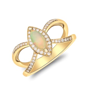 Gin & Grace 10K Yellow Gold Real Diamond Ring (I1) with Natural Opal