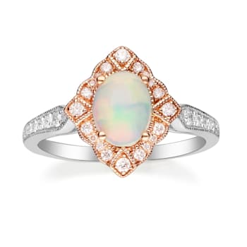 Gin & Grace 14K Two Tone Gold Real Diamond Ring (I1) with Natural Opal