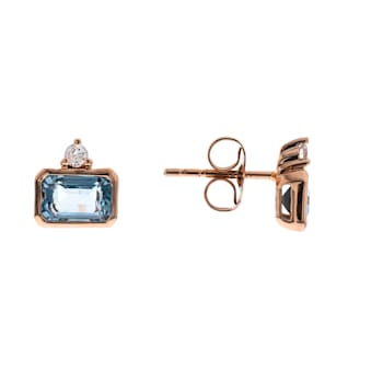 Gin & Grace 14K Rose Gold Genuine Aquamarine Real Diamond(I1) Stud Earring