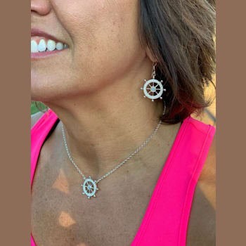 Sterling Silver Ship's Wheel Necklace with Rolo Chain and Crystal and CZ Accents.