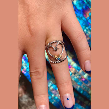 Sterling Silver Fishing Hook Heart Open Design Ring with Blue CZ Accent.