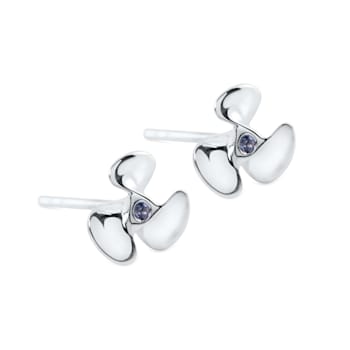 Sterling Silver Propeller Stud Earrings with Blue CZ Accents.