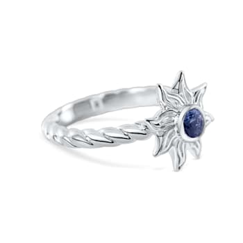 Sterling Silver Sun Ring with Rope Design and Blue CZ Center.