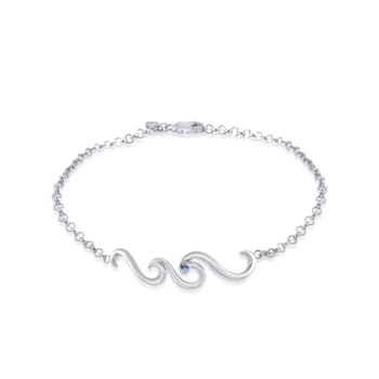 Sterling Silver Wave Anklet with Blue CZ Accent.