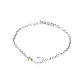 Sterling Silver Fishing Hook Rolo Chain Bracelet with Blue CZ Accent.