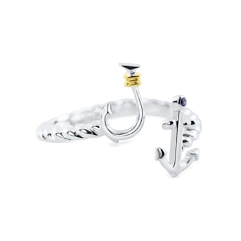 Sterling Silver Fishing Hook and Anchor Ring with Blue CZ Accent.
