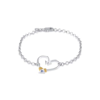 Sterling Silver Large Fishing Hook Heart Rolo Chain Bracelet with Blue
CZ Accent.