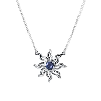 Sterling Silver Sun Necklace with Rolo Chain and Blue CZ Center.