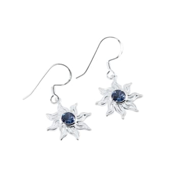 Sterling Silver Sun Dangle Earrings with Blue CZ Centers.