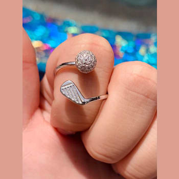 Rhodium over Sterling Silver Golf Club and Ball Ring with Crystal Accents.