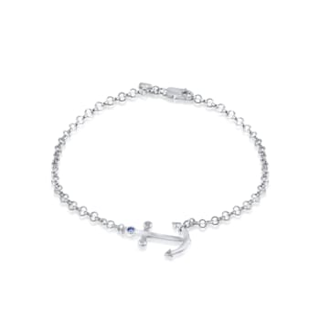 Sterling Silver Anchor Rolo Chain Bracelet with Blue CZ Accent.
