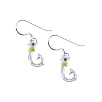 Sterling Silver Fishing Hook Dangle Style Earrings with Blue CZ Accents,
Medium Hook Size.