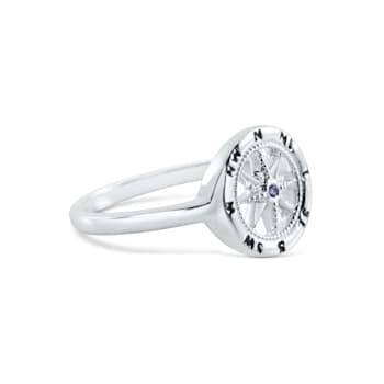 Sterling Silver Compass Ring with Blue CZ Accent.