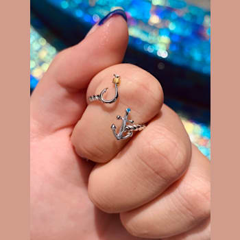 Sterling Silver Fishing Hook and Anchor Ring with Blue CZ Accent.