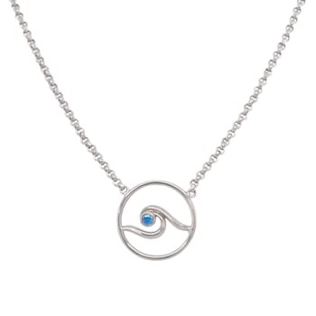 Sterling Silver Wave Circle Necklace with Rolo Chain and Blue CZ Accent.