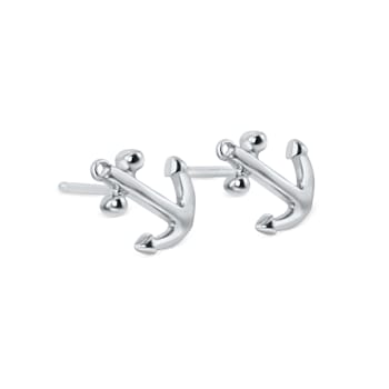 Sterling Silver Anchor Stud Earrings with Blue CZ Accents.