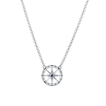 Sterling Silver Compass Rolo Chain Necklace with Crystal and Blue CZ Accents.