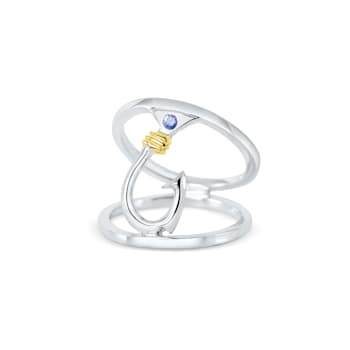 Sterling Silver Fishing Hook Open Design Ring with Blue CZ Accent.