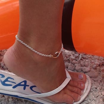 Sterling Silver Fishing Hook Anklet with Blue CZ Accent.