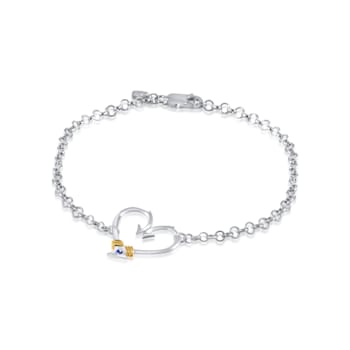 Sterling Silver Fishing Hook Heart Anklet with Blue CZ Accent.