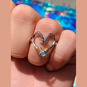 Sterling Silver Fishing Hook Heart Ring with Rope Design and Blue CZ Accent.