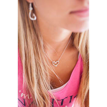 Sterling Silver Small Fishing Hook Heart Necklace with Blue CZ Accent.