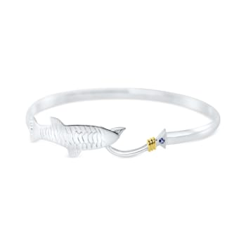 Sterling Silver Tarpon and Fishing Hook Bangle Bracelet with Blue CZ Accent.