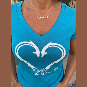 Sterling Silver Wave Necklace with Rolo Chain and Blue CZ Accent.