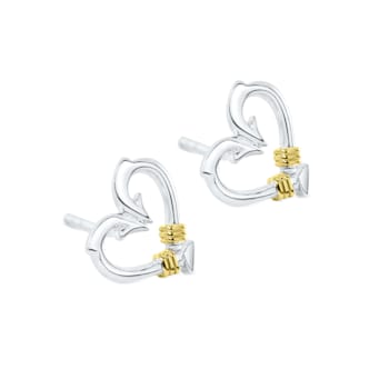 Sterling Silver Fishing Hook Heart Shape Stud Earrings with Blue CZ Accents.
