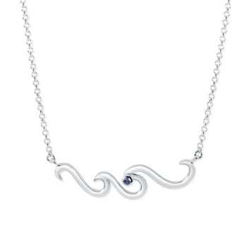 Sterling Silver Wave Necklace with Rolo Chain and Blue CZ Accent.