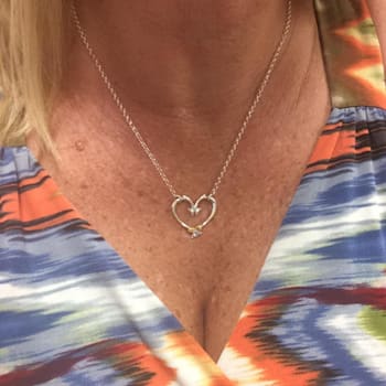 Sterling Silver Large Fishing Hook Heart Necklace with Blue CZ Accent.