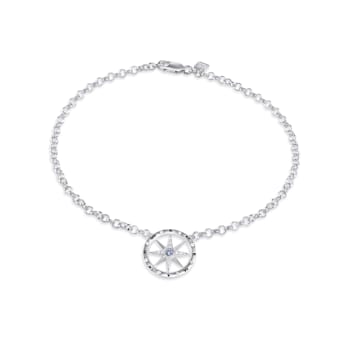 Sterling Silver Compass Anklet with Blue CZ Accent.