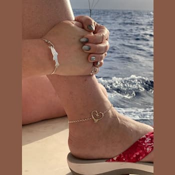 Sterling Silver Fishing Hook Heart Anklet with Blue CZ Accent.