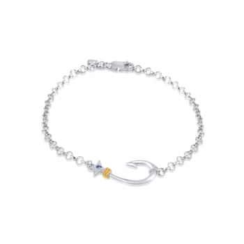 Sterling Silver Fishing Hook Anklet with Blue CZ Accent.