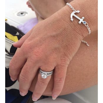 Sterling Silver Anchor Rolo Chain Bracelet with Blue CZ Accent.