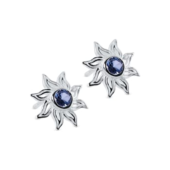 Sterling Silver Sun Stud Earrings with Blue CZ Centers.