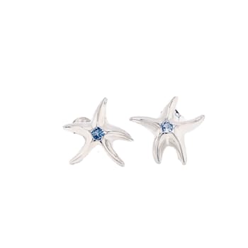 Sterling Silver Starfish Stud Earrings with Blue CZ Accents.