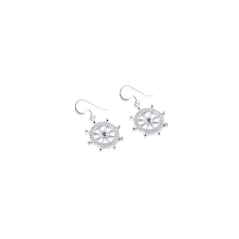Sterling Silver Ship Wheel Dangle Earrings with White Crystal and Blue CZ.