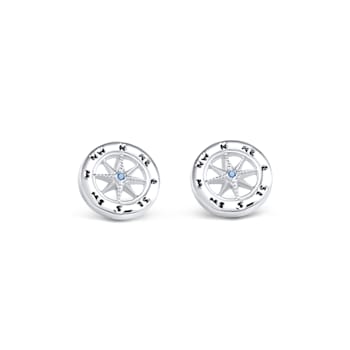 Sterling Silver Compass Stud Earrings with Blue CZ Accents.
