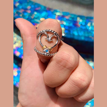 Sterling Silver Fishing Hook Heart Open Design Ring with Blue CZ Accent.