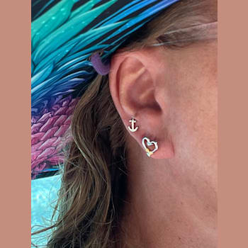 Sterling Silver Fishing Hook Heart Shape Stud Earrings with Blue CZ Accents.