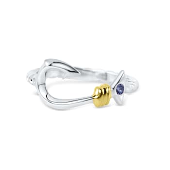 Sterling Silver Fishing Hook Ring with Rope Design and Blue CZ Accent.