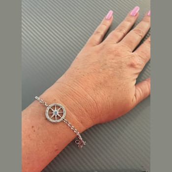 Sterling Silver Compass Rolo Chain Bracelet with Blue CZ Accent.