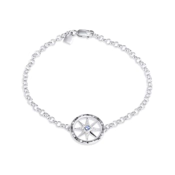 Sterling Silver Compass Rolo Chain Bracelet with Blue CZ Accent.