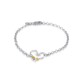 Sterling Silver Small Fishing Hook Heart Rolo Chain Bracelet with Blue
CZ Accent.